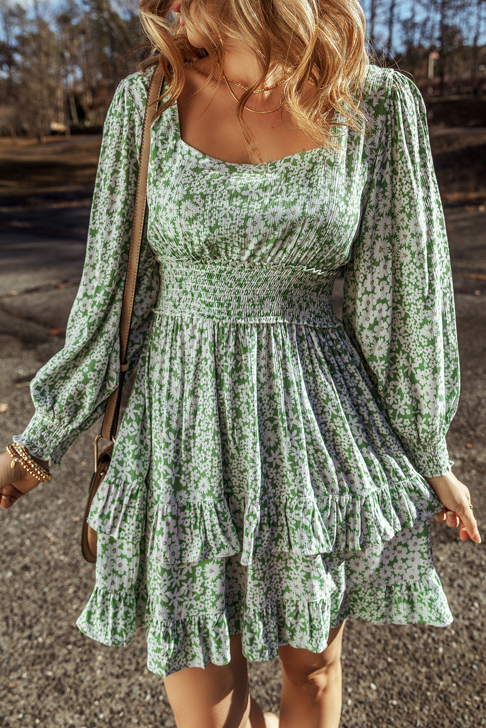 Green Floral Print Square Neck Shirred Waist Tiered Ruffled Mini Dress - loveforevers