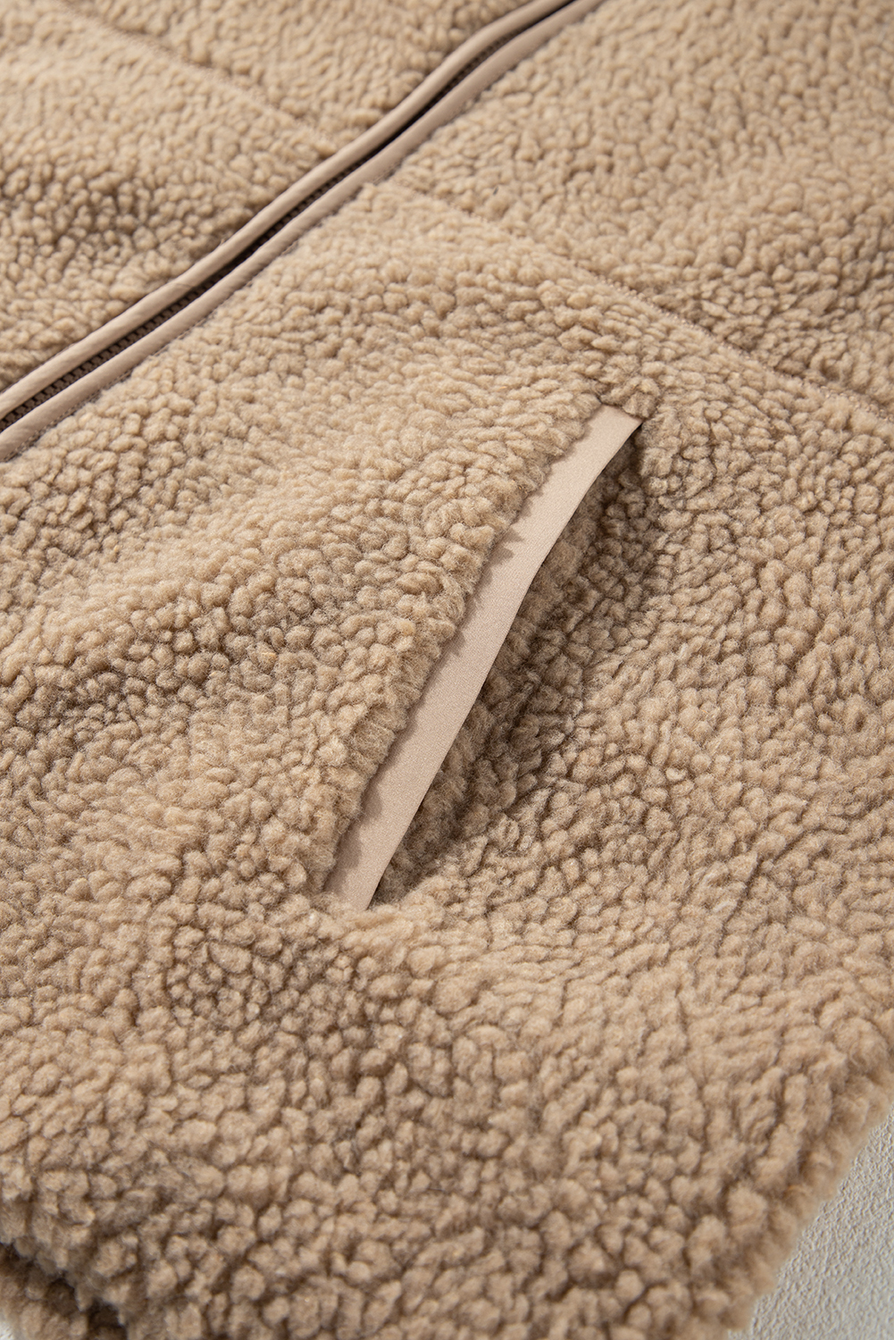 Pale Khaki Fleece Zip Up Drawstring Hooded Pocketed Jacket - loveforevers
