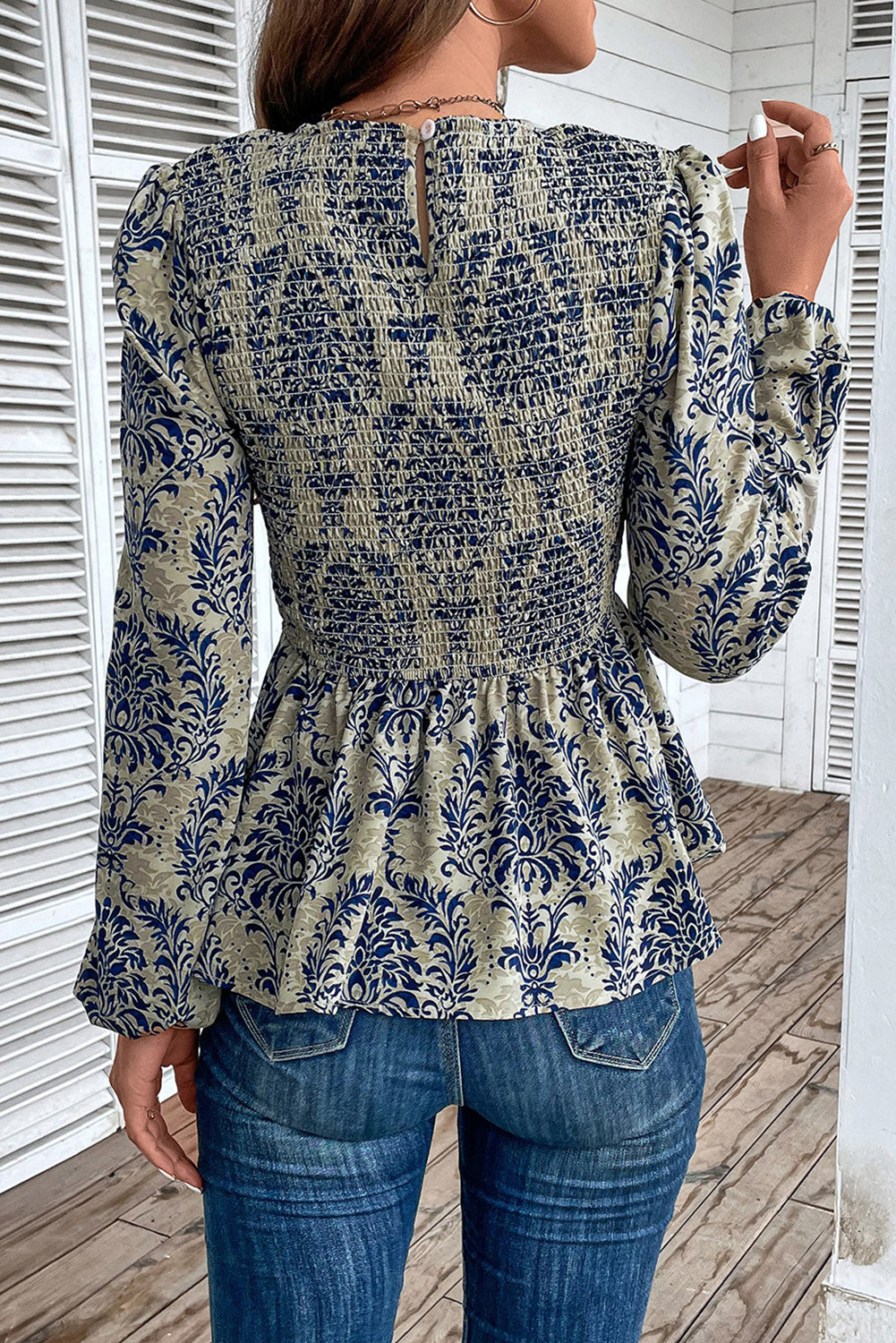 Sky Blue Boho Printed Balloon Sleeve Smocked Peplum Blouse - loveforevers