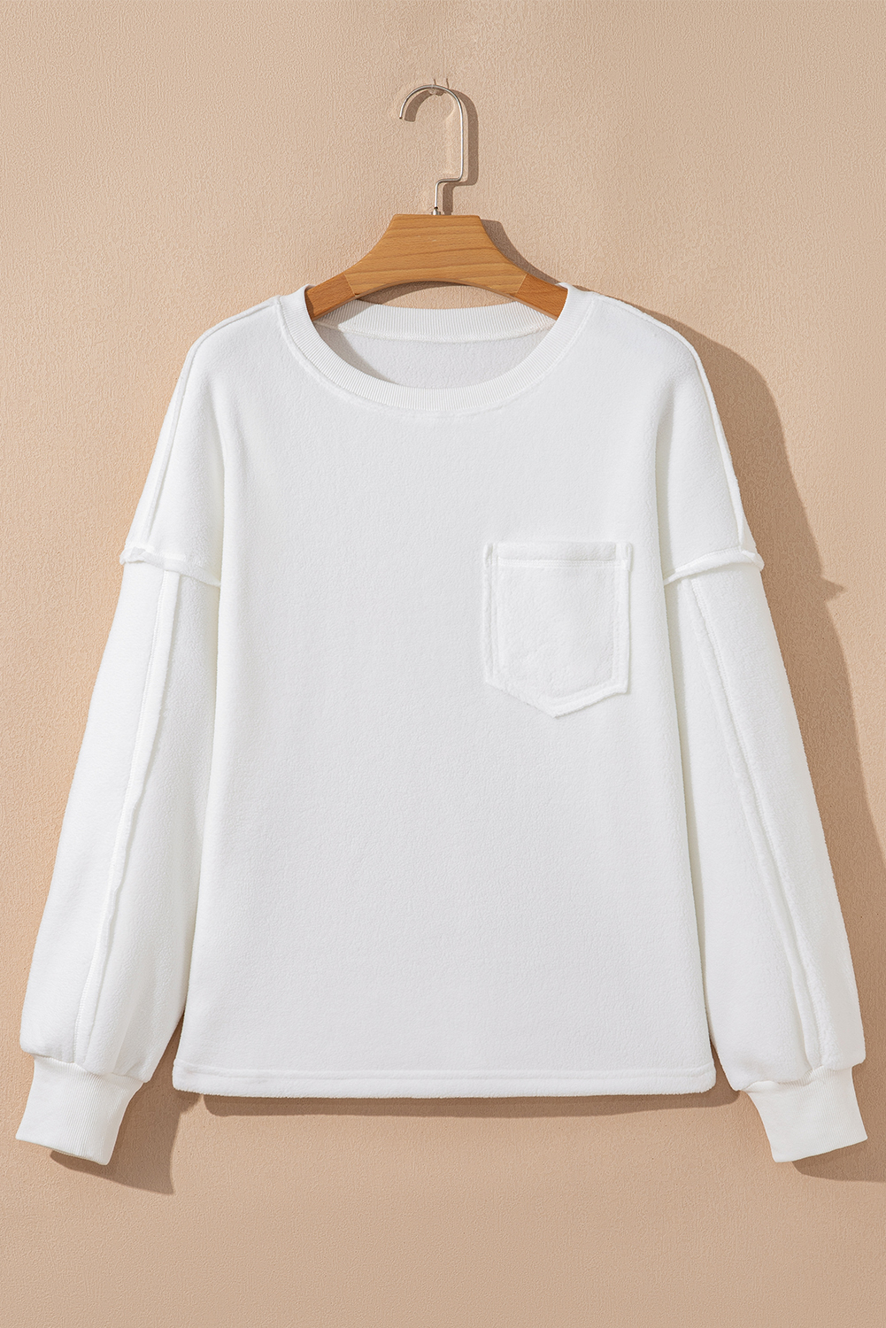White Exposed Seam Chest Pocket Knit Pullover Sweatshirt - loveforevers