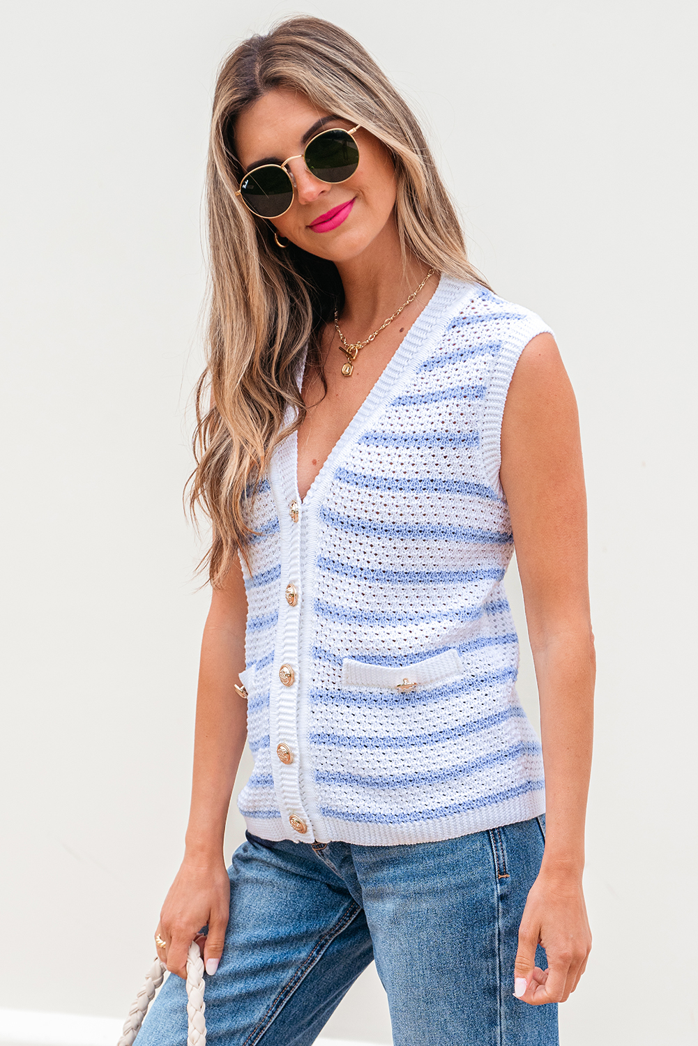 Sky Blue Stripe V Neck Gold Buttons Elegant Sweater Vest - loveforevers