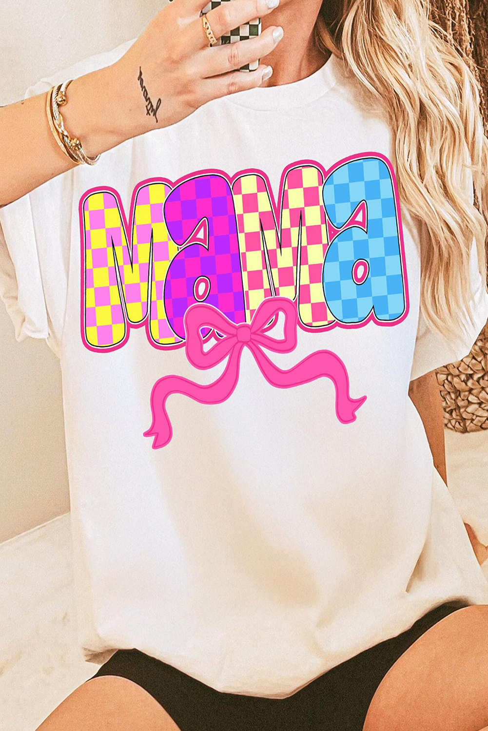 White MAMA Checkered Bow Knot Print Crewneck T Shirt - loveforevers