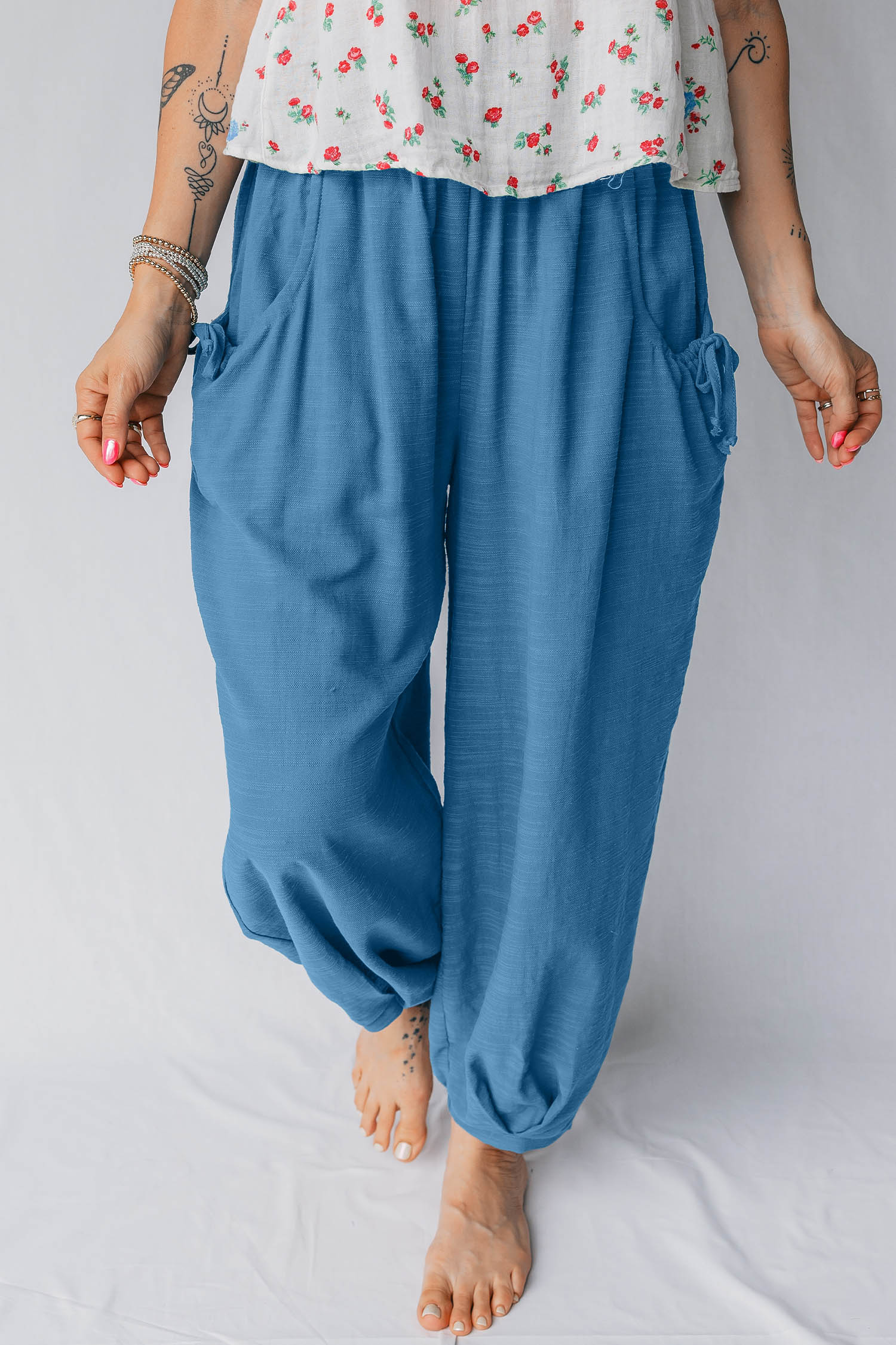 Prussian Blue Smocked Waist Casual Jogger Style Pants - loveforevers