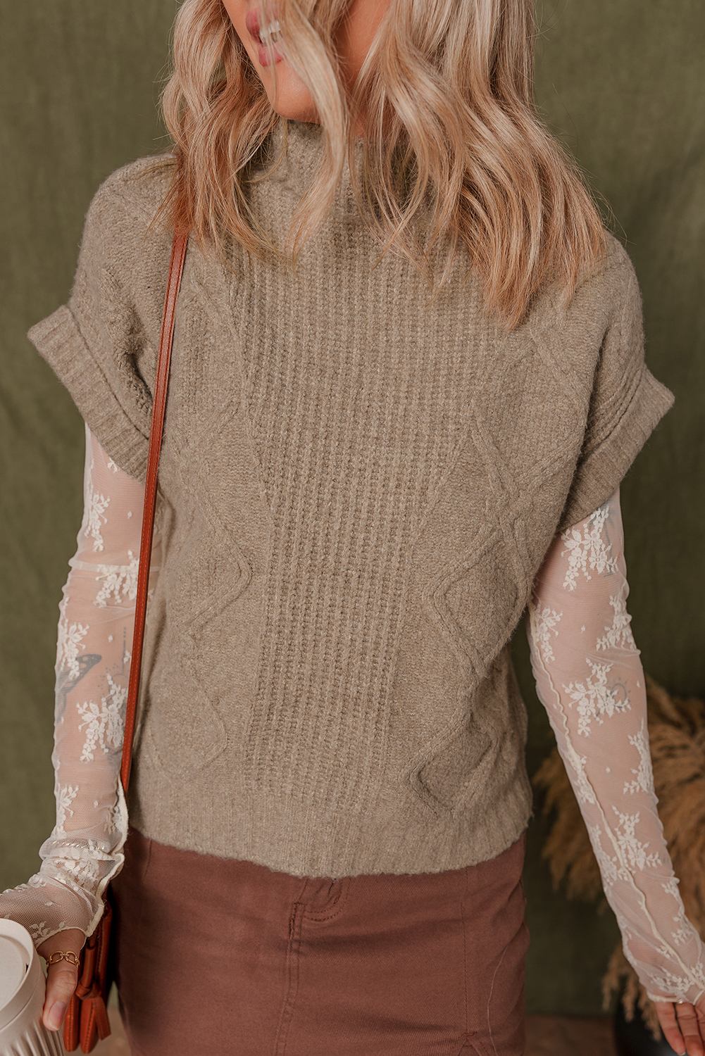 Smoke Gray Textured Knit High Neck Sweater T Shirt - loveforevers