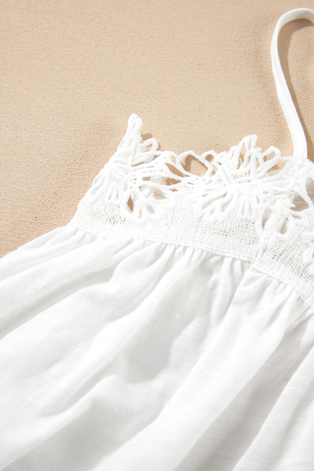 White Lace Splicing Spaghetti Straps Ruffle Flared Tank Top - loveforevers