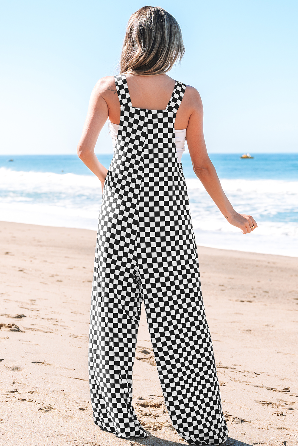 Black Checkered Print Pocketed Wide Leg Jumpsuit - loveforevers