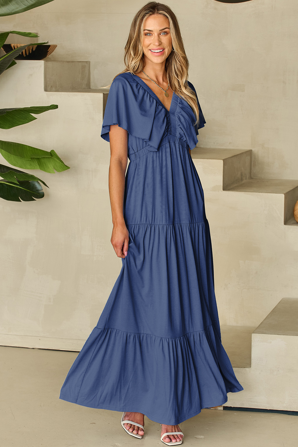 Grass Green Textured V Neck Flutter Sleeve Ruffled Maxi Dress - loveforevers