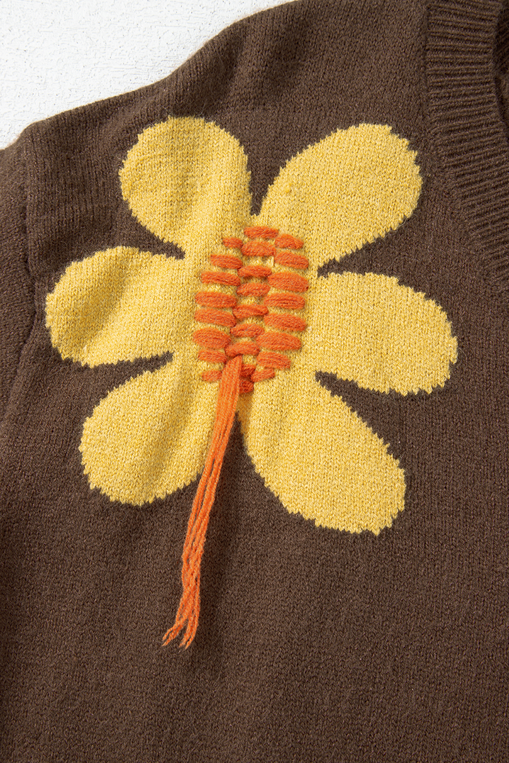 Coffee Big Flower Pattern V Neck Drop Shoulder Sweater - loveforevers