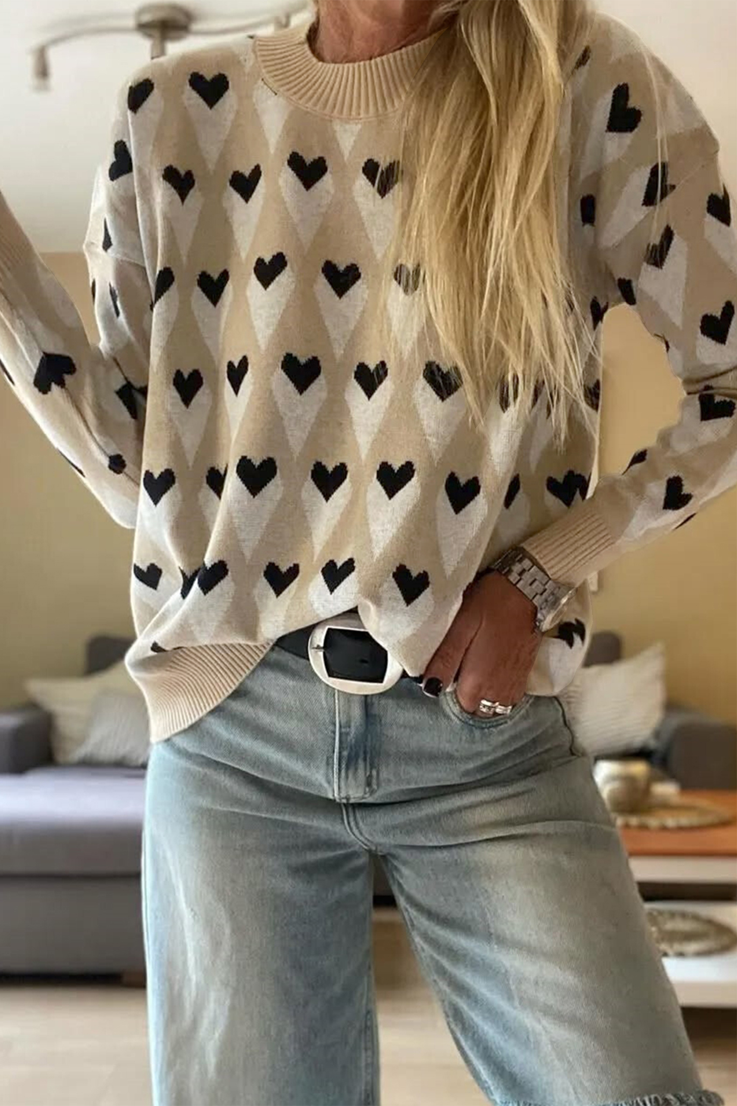 Parchment Geometric Heart Print Ribbed Trim Loose Sweater - loveforevers