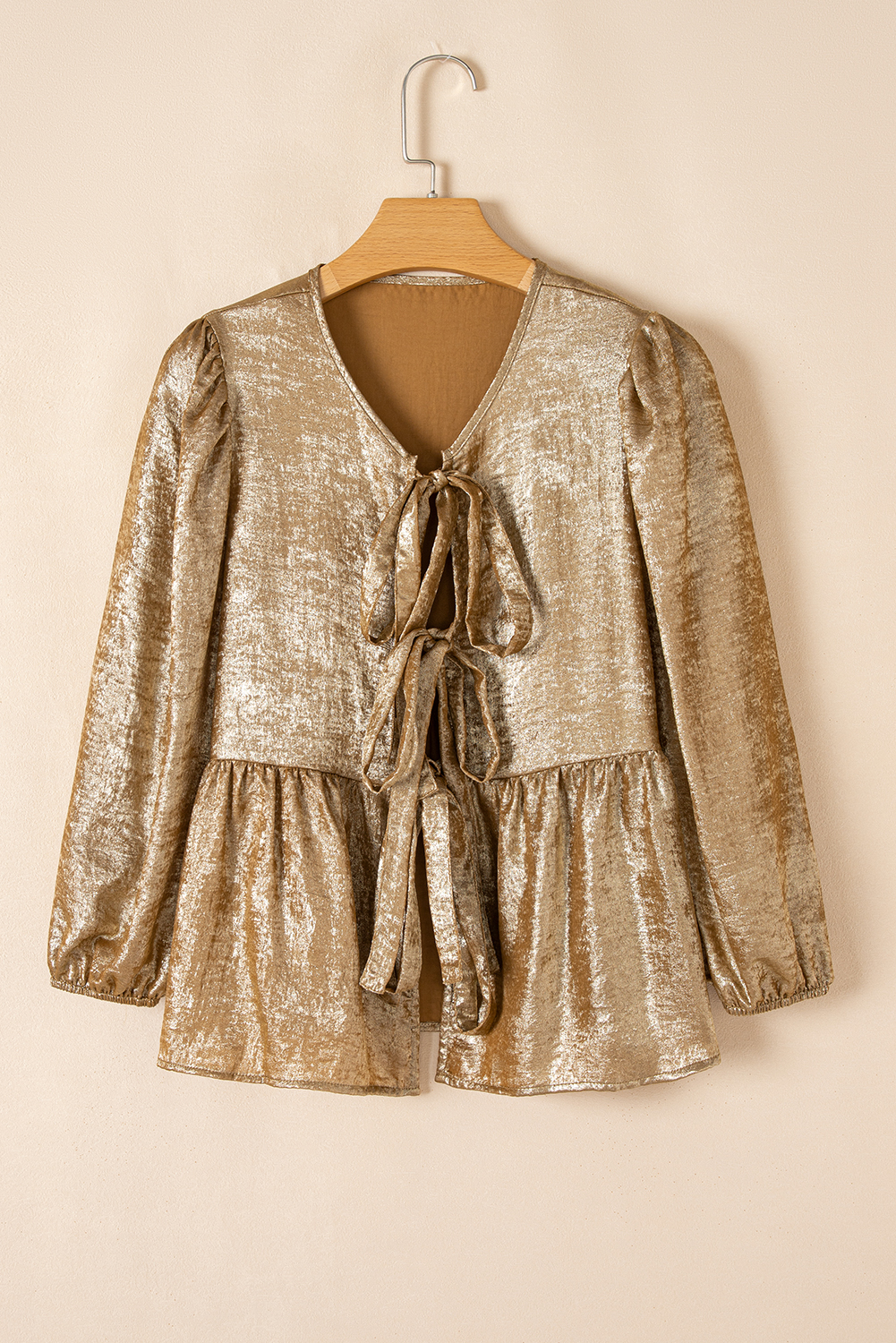 Gold Bow Tie Front Puff 3/4 Sleeve Ruffle Hem Blouse - loveforevers