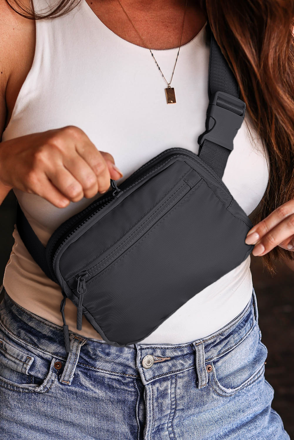 Black Wide Belt Zipped Square Crossbody Bag - loveforevers