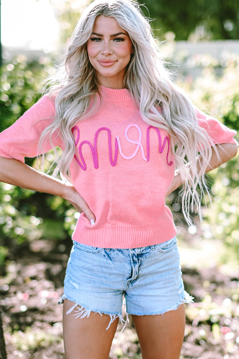 Bonbon Mom Tinsel Front Short Sleeve Sweater - loveforevers