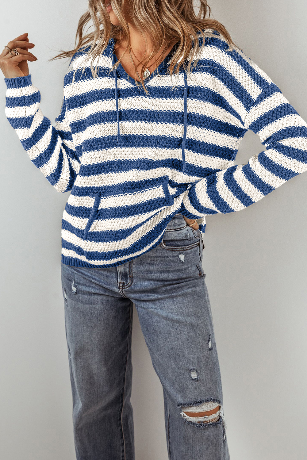 Blue Stripe V Neck Pocketed Drawstring Hooded Sweater - loveforevers