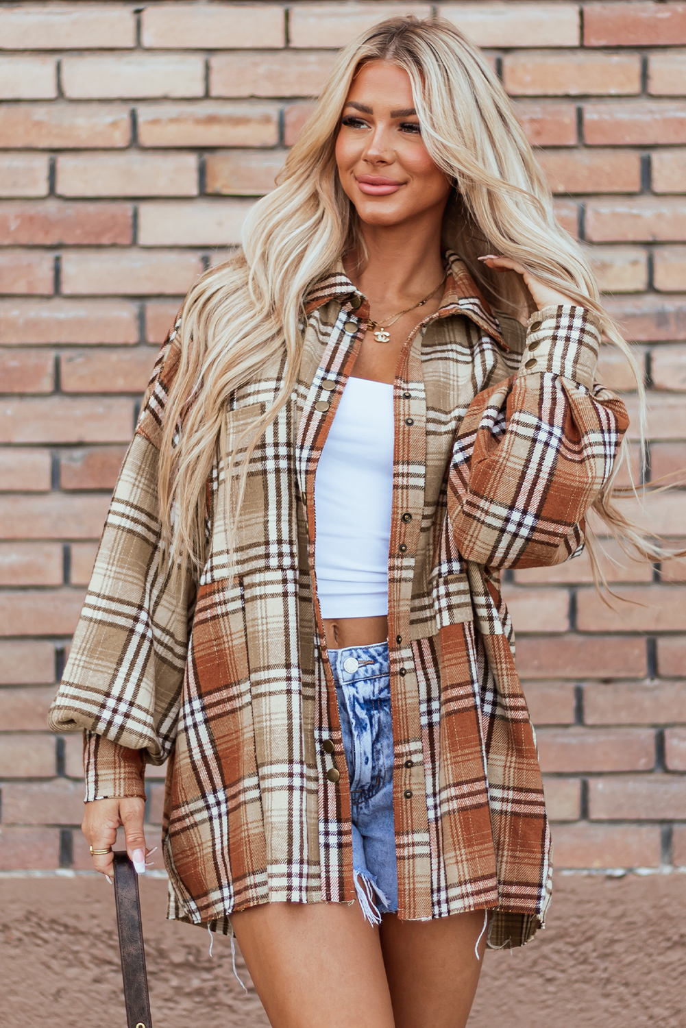 Khaki Plaid Colorblock Patchwork High Low Shacket - loveforevers