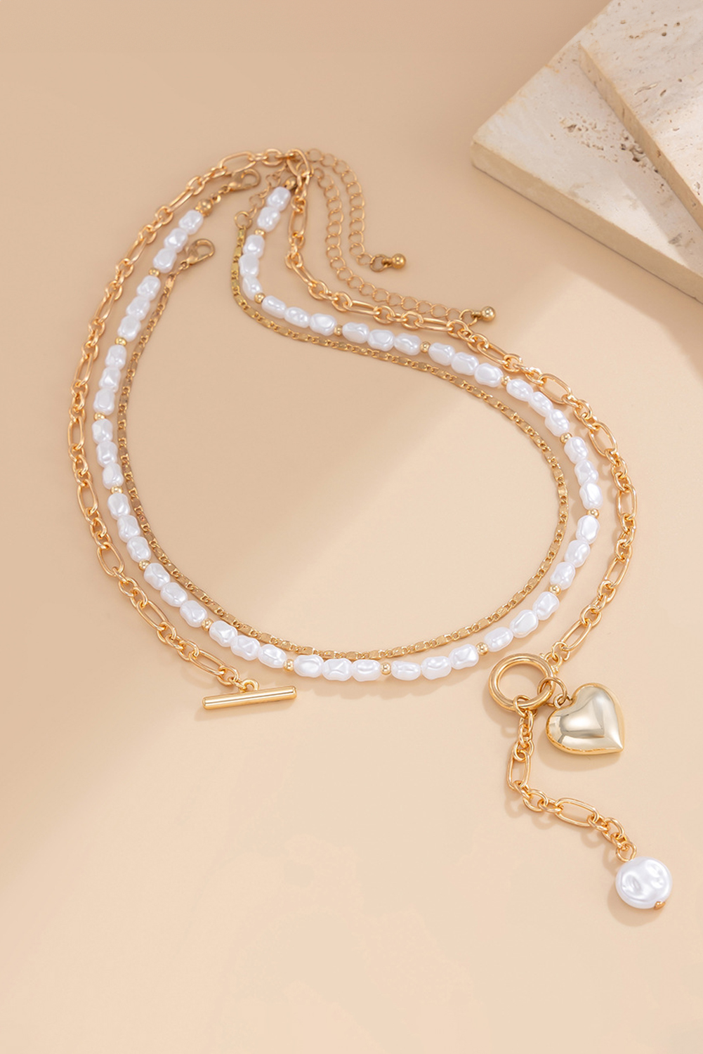 Gold Plated Heart Charm Pearl Chain Layered Necklace - loveforevers