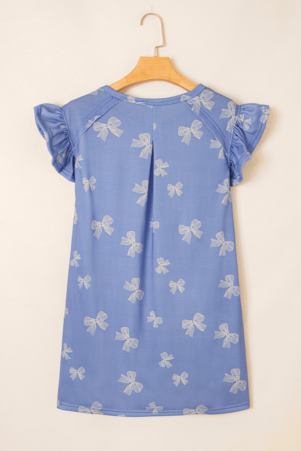 Sky Blue Bow Knot Print Crewneck Ruffled Sleeve Shift Mini Dress - loveforevers