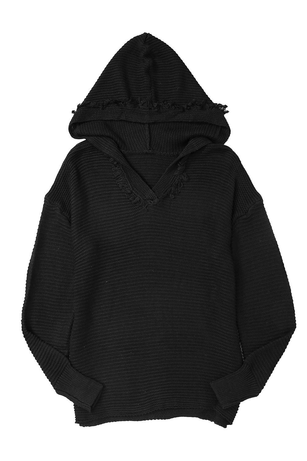 V Neck Ribbed Drop Shoulder Hooded Sweater - loveforevers