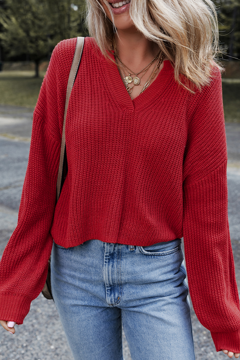 Racing Red Solid Textured Knit V Neck Drop Shoulder Sweater - loveforevers