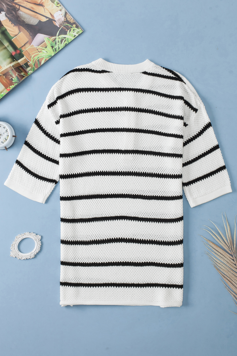 Black Stripe Henley Buttoned Placket Drop Shoulder Bracelet Sleeve Knit Sweater Tee - loveforevers