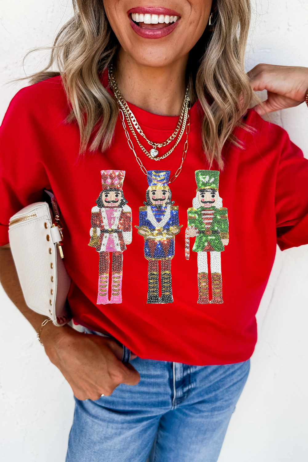 Red Sequined Christmas Nutcracker-man Graphic Cuffed Short Sleeve T Shirt - loveforevers