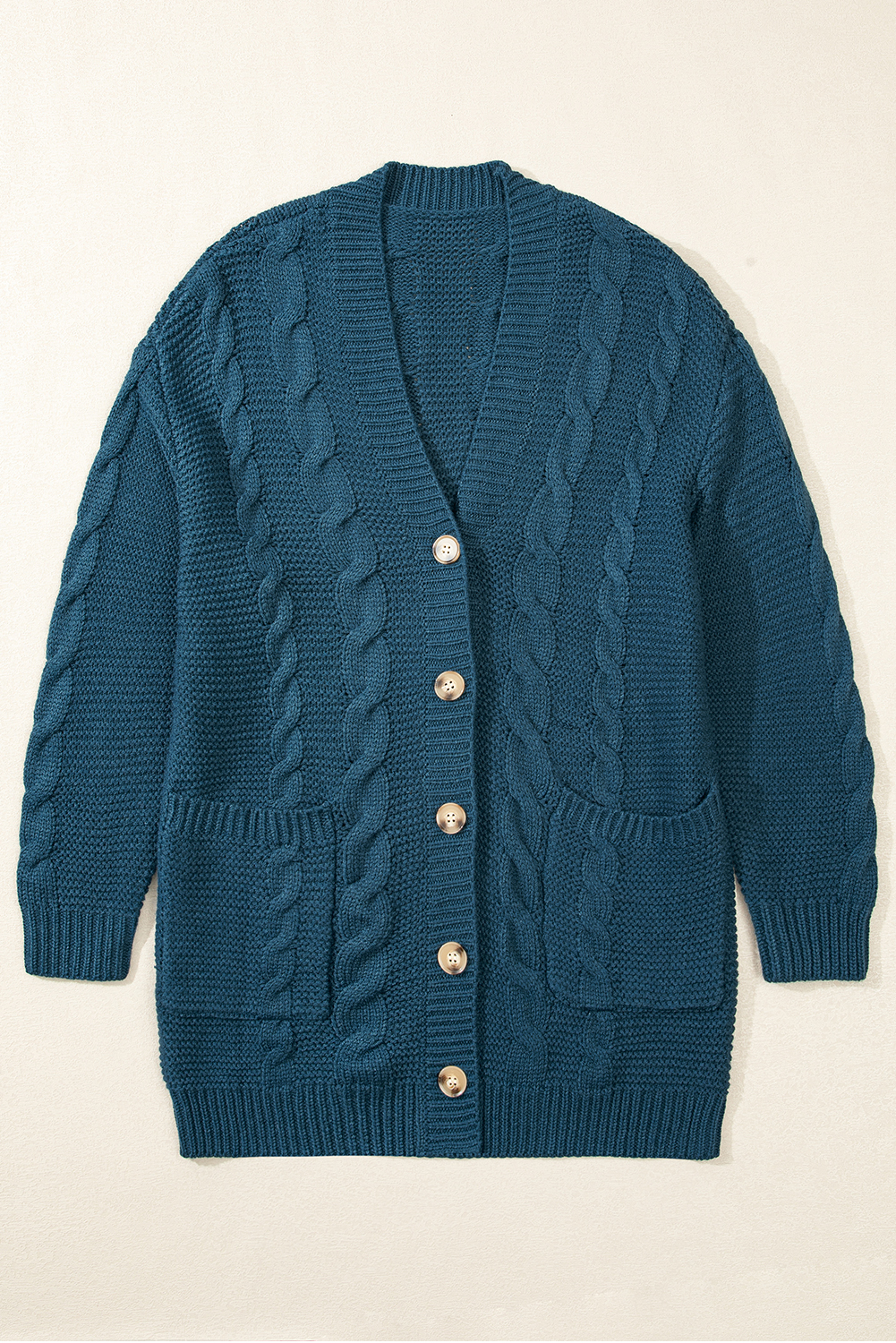 Peacock Blue Cable Knit Button Front Pocketed Baggy Cardigan - loveforevers