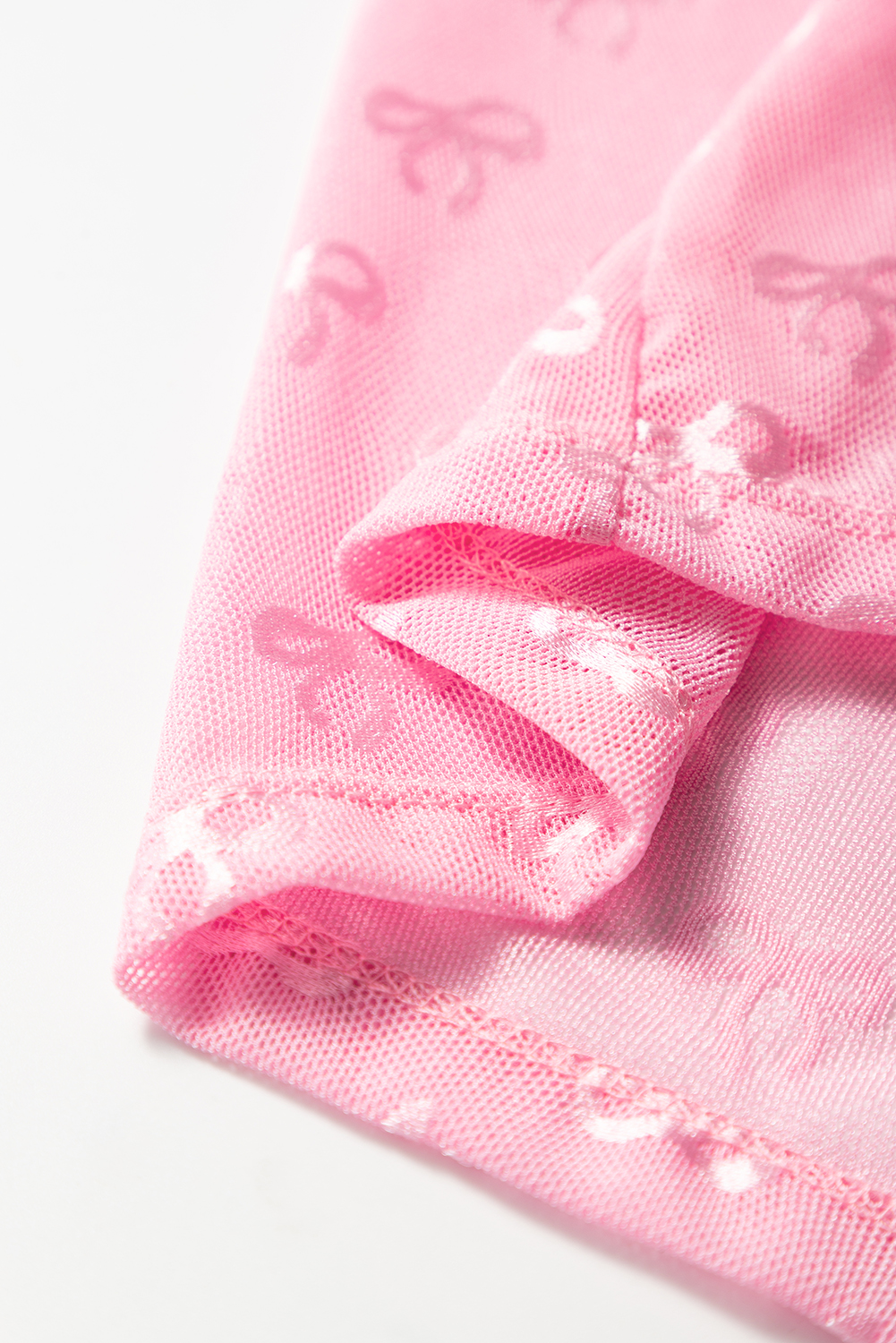 Pink Round Neck Bow Print Long Sleeve Mesh Top - loveforevers