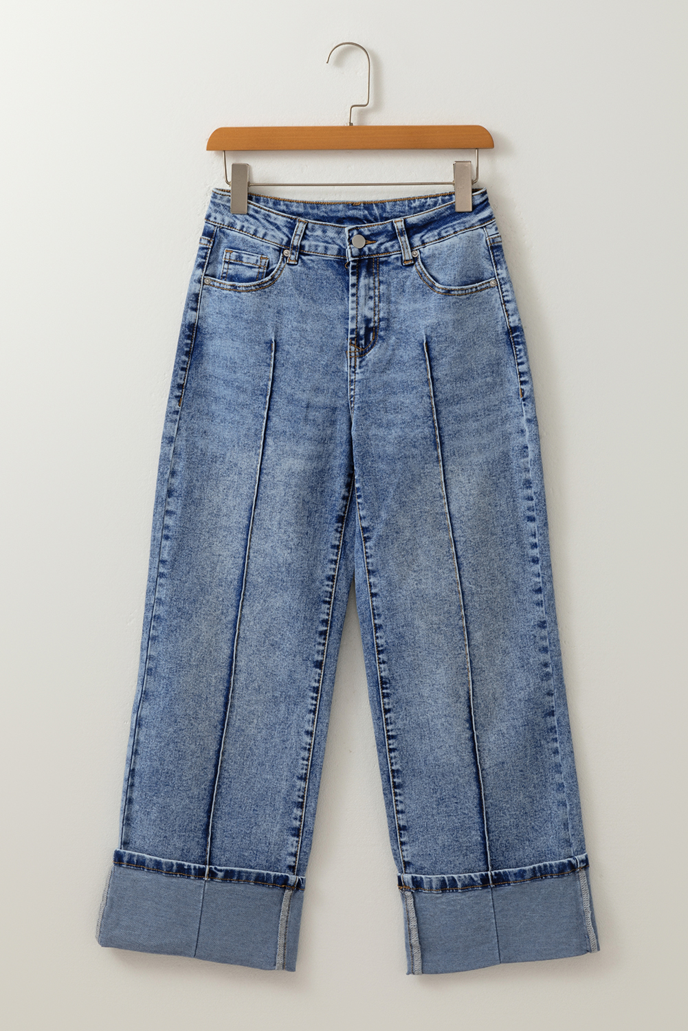 Myosotis Center Seam Cuffed Hem Straight High Waist Jeans - loveforevers