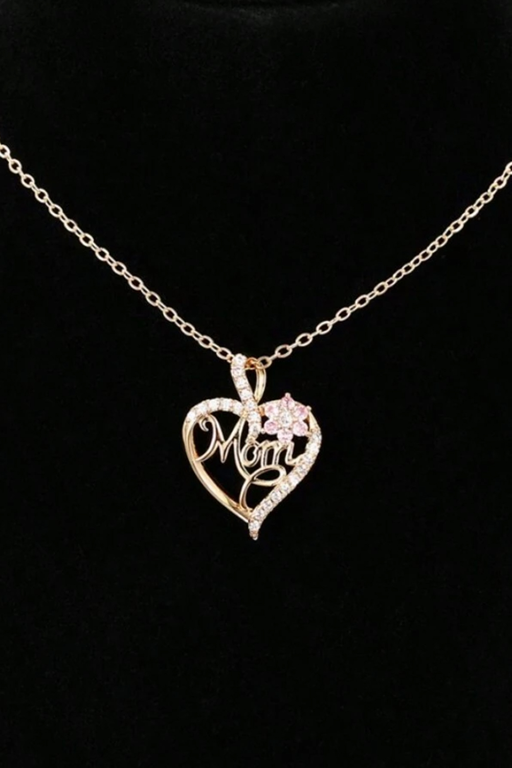 Gold Mom Rhinestone Flower Hollow-out Heart Necklace - loveforevers