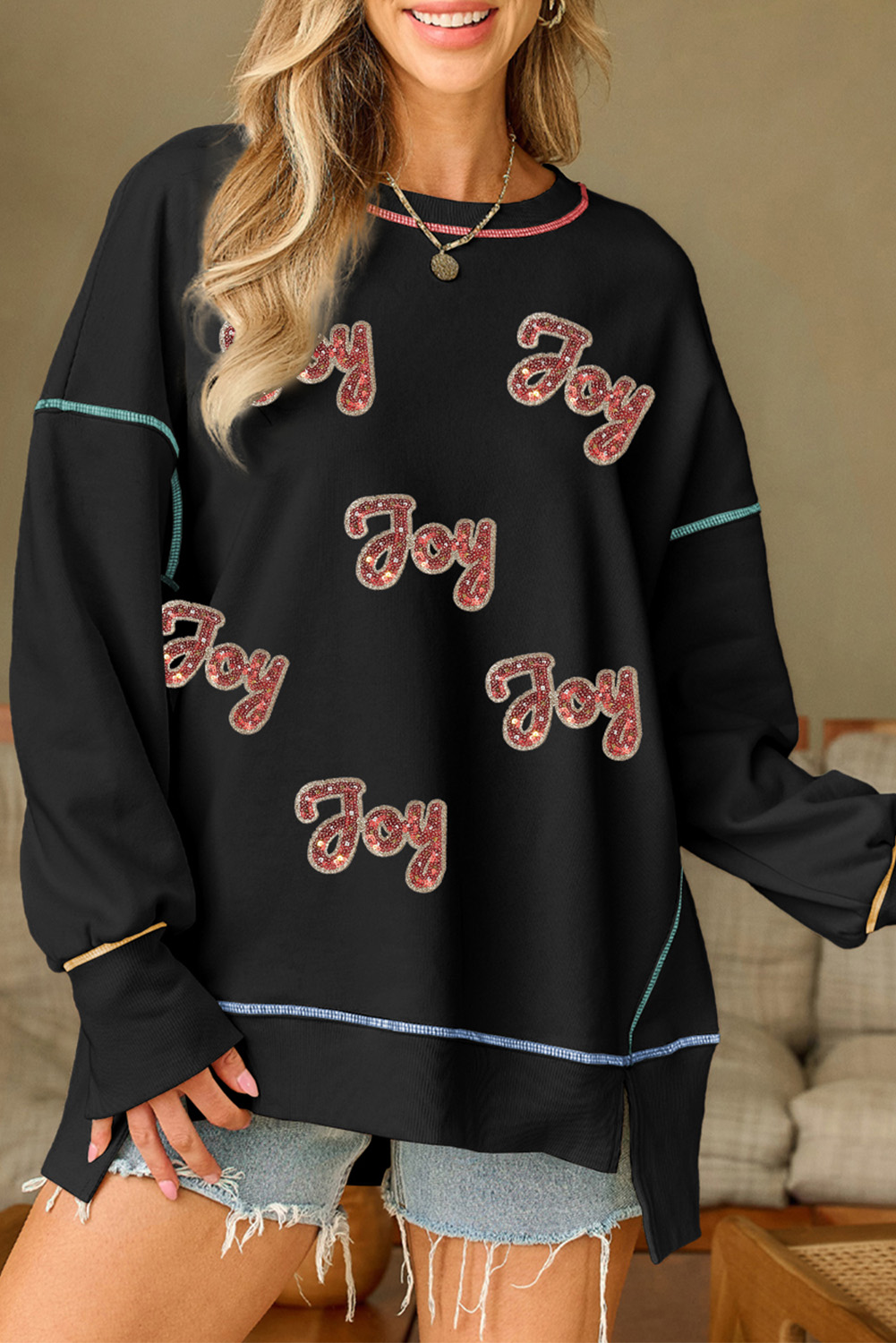 Black Sequin Joy Letter Graphic Contrast Seam Detail Drop Shoulder Sweatshirt - loveforevers