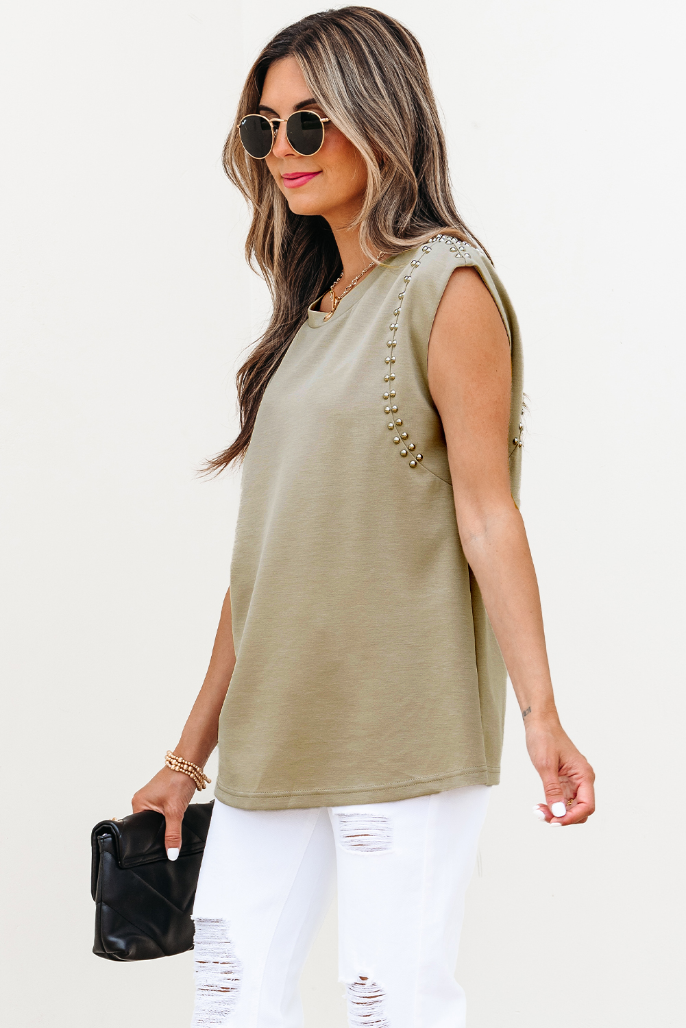 Sage Green Studded Cap Sleeve Round Neck T Shirt - loveforevers
