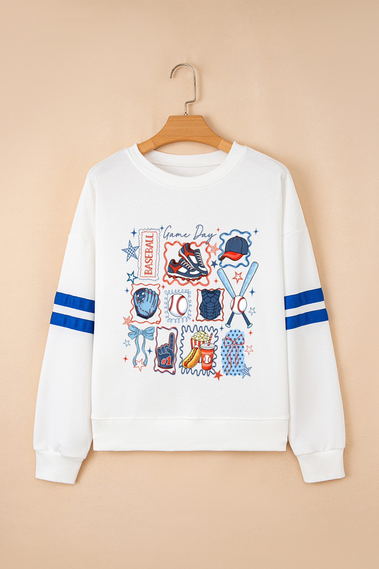 White Baseball Game Day Printed Varsity Striped Sweatshirt - loveforevers