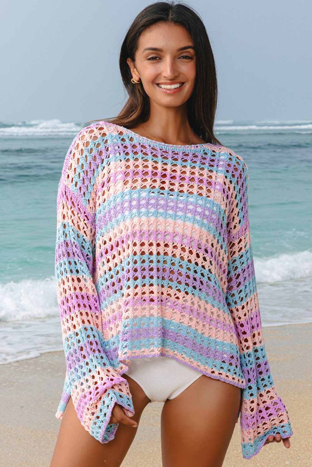 Purple Multi Stripe Open Knit Sweater Beach Cover Up - loveforevers