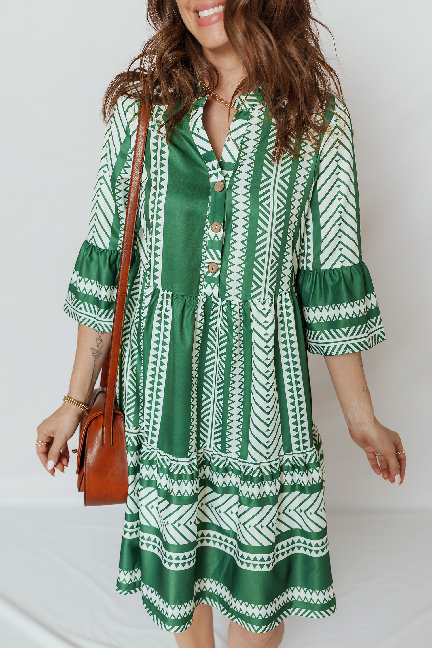 Green Boho Ethnic Print Half Button 3/4 Sleeve Casual Dress - loveforevers