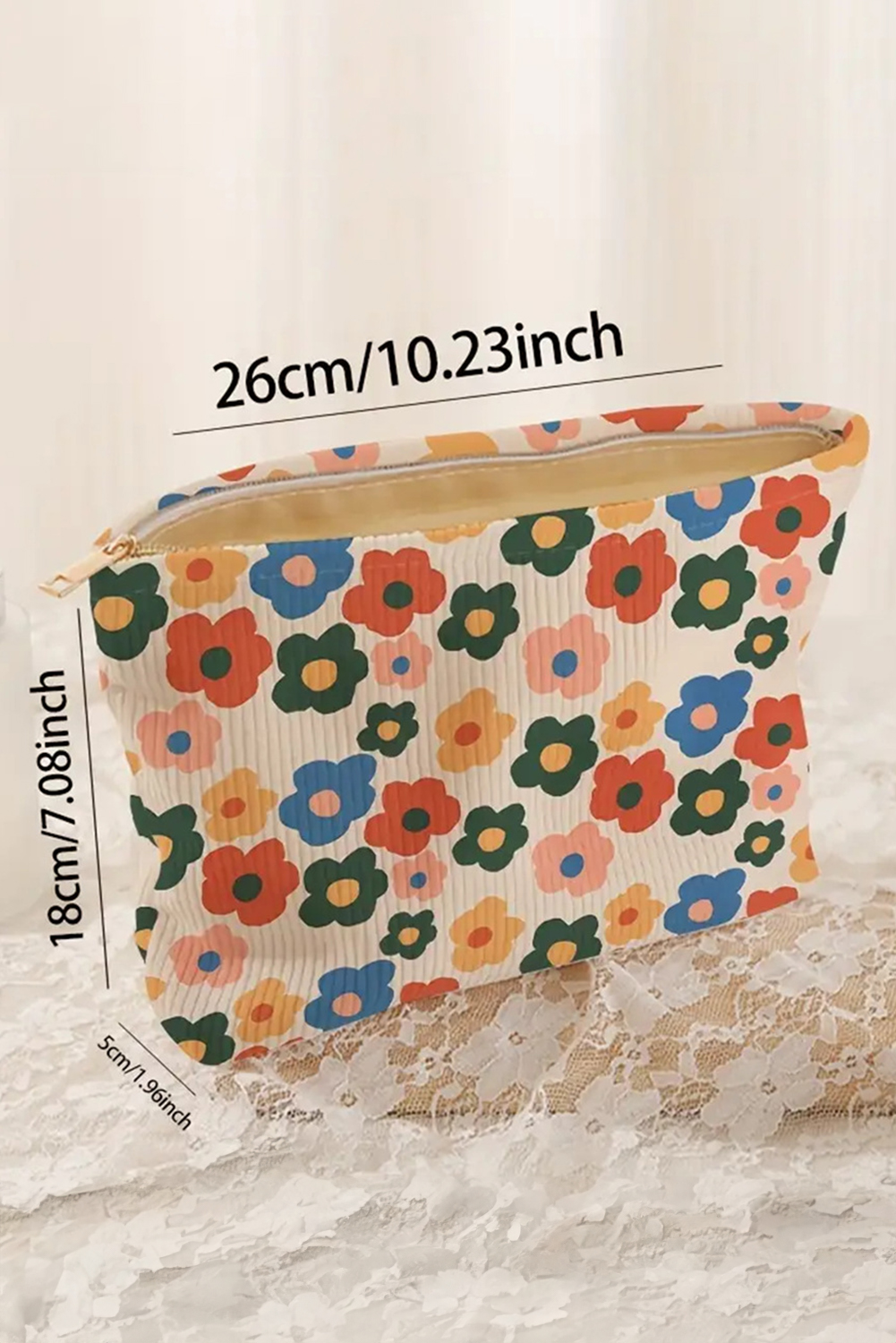 Red Flower Printed Rib Textured Cosmetic Bag - loveforevers