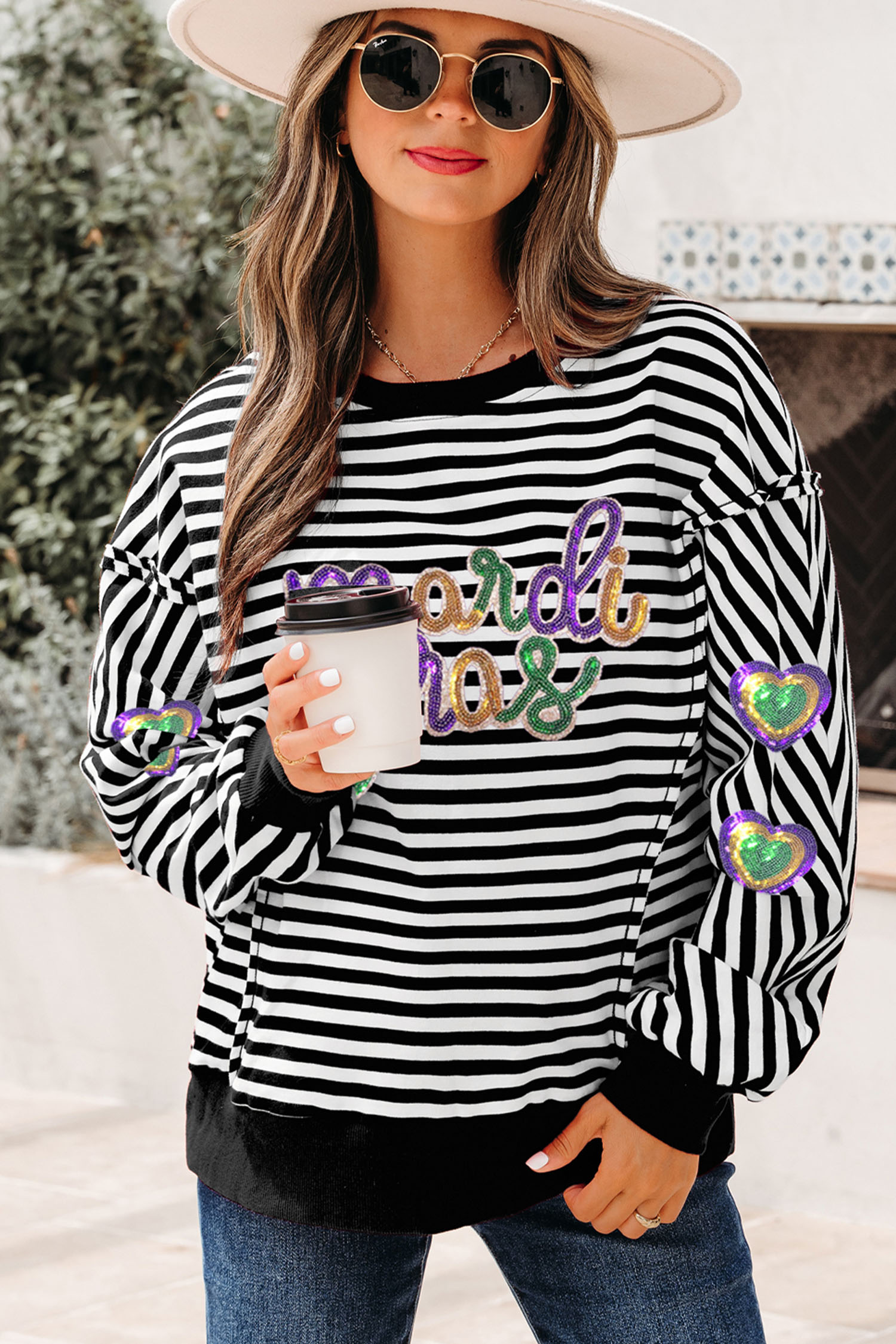 Black Stripe Raw Seam Detail Sequin Mardi Gras Heart Patched Graphic Long Sleeve Top - loveforevers