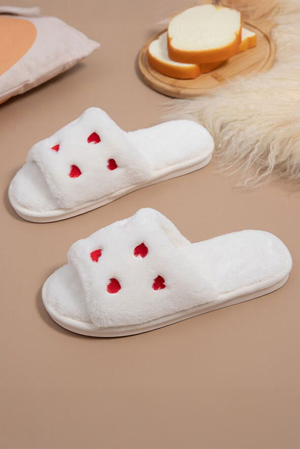 White Valentines Heart Embroidered Fuzzy Winter House Slippers - loveforevers