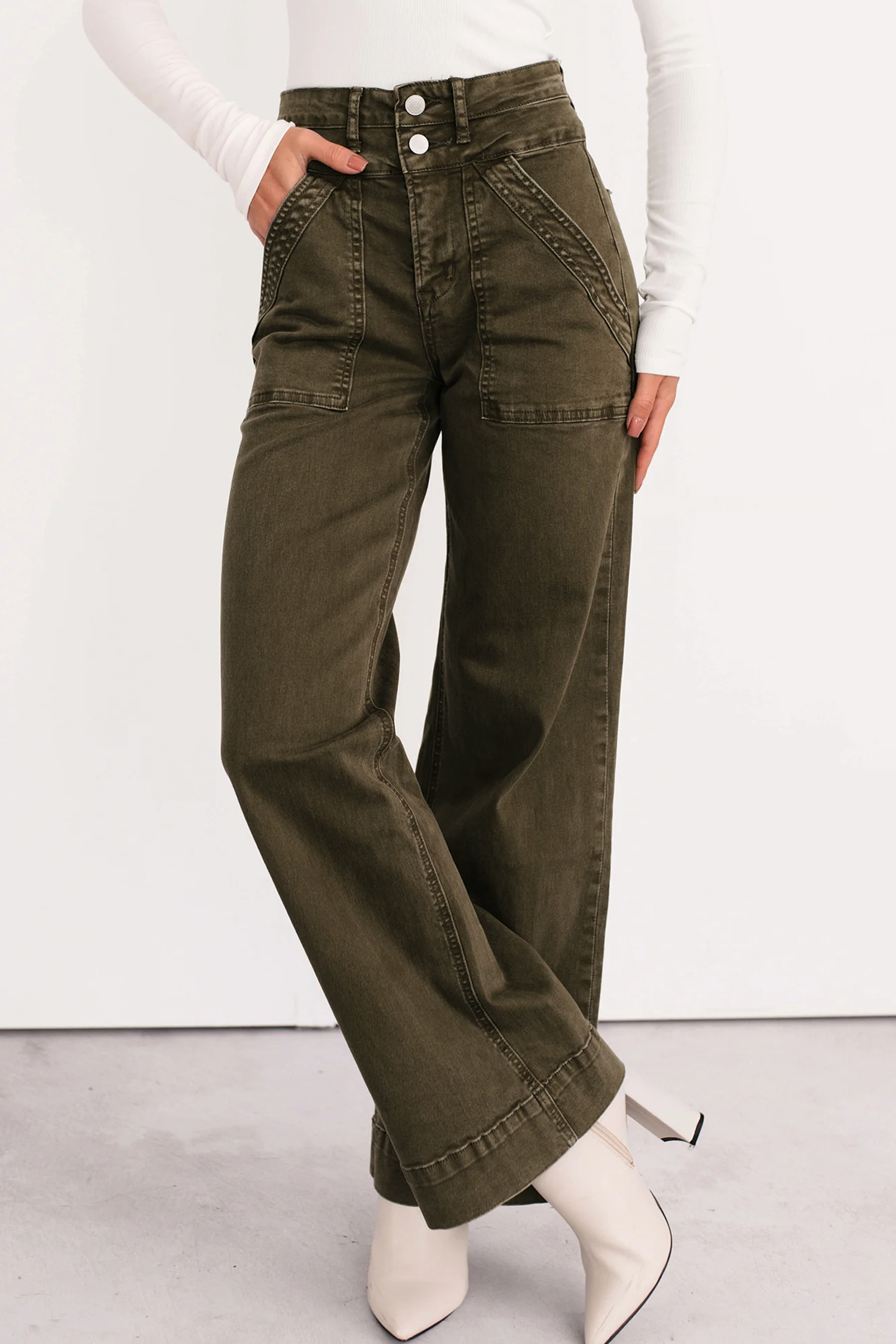 Jungle Green Double Waistband Loose Straight Jeans - loveforevers