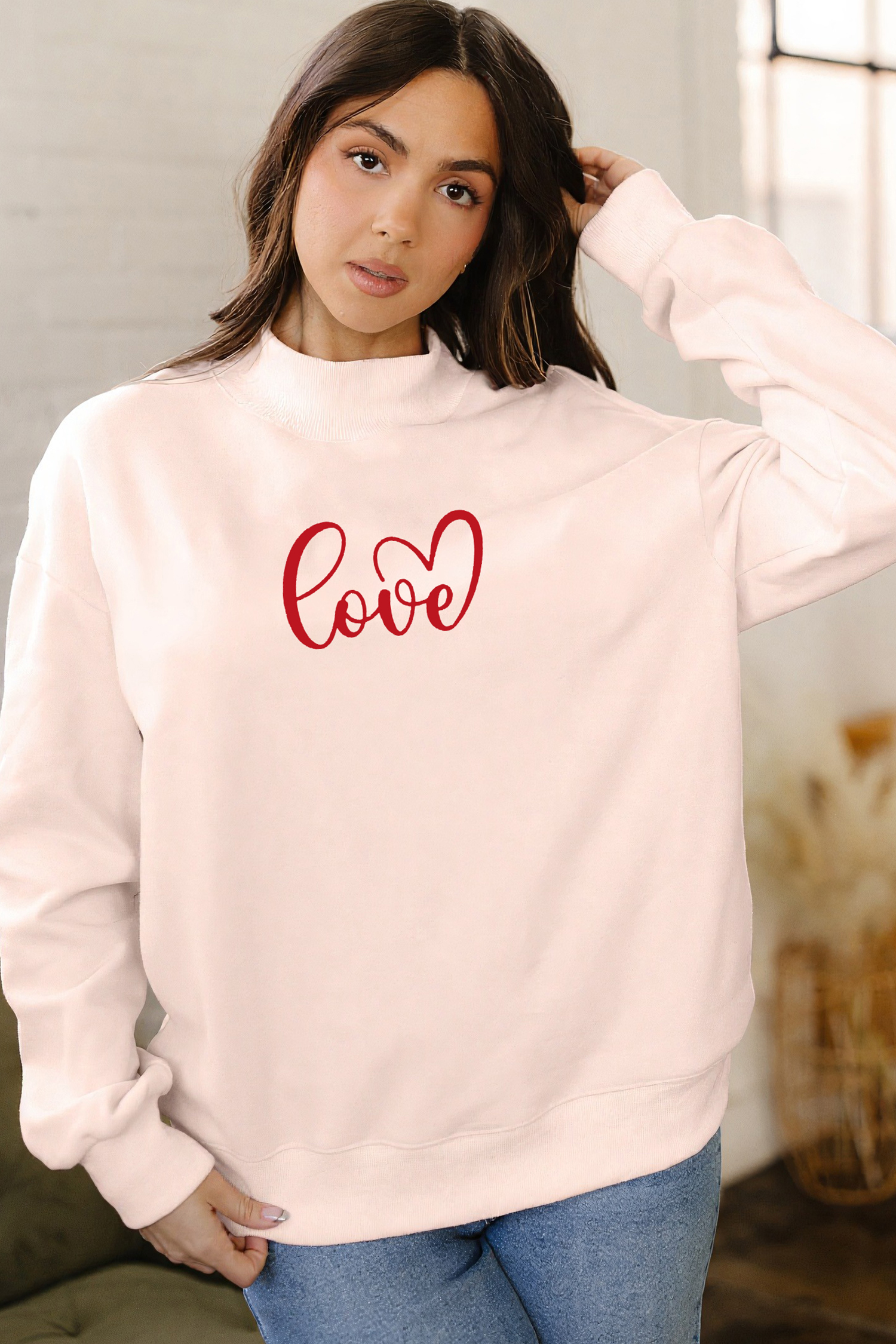 Apricot Pink Mock Neck Love Letter Embroidered Valentines Day Sweatshirt - loveforevers