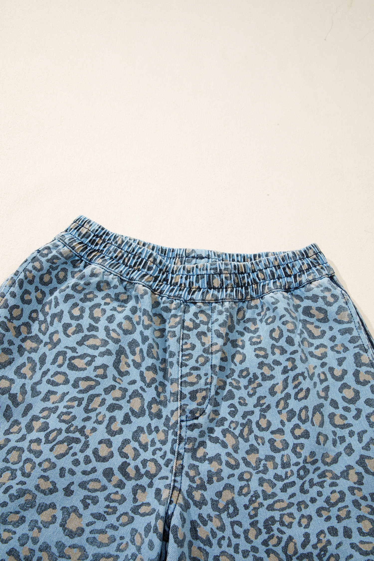 Blue Leopard Print Exposed Seam Detail Wide Leg Drawstring Jeans - loveforevers