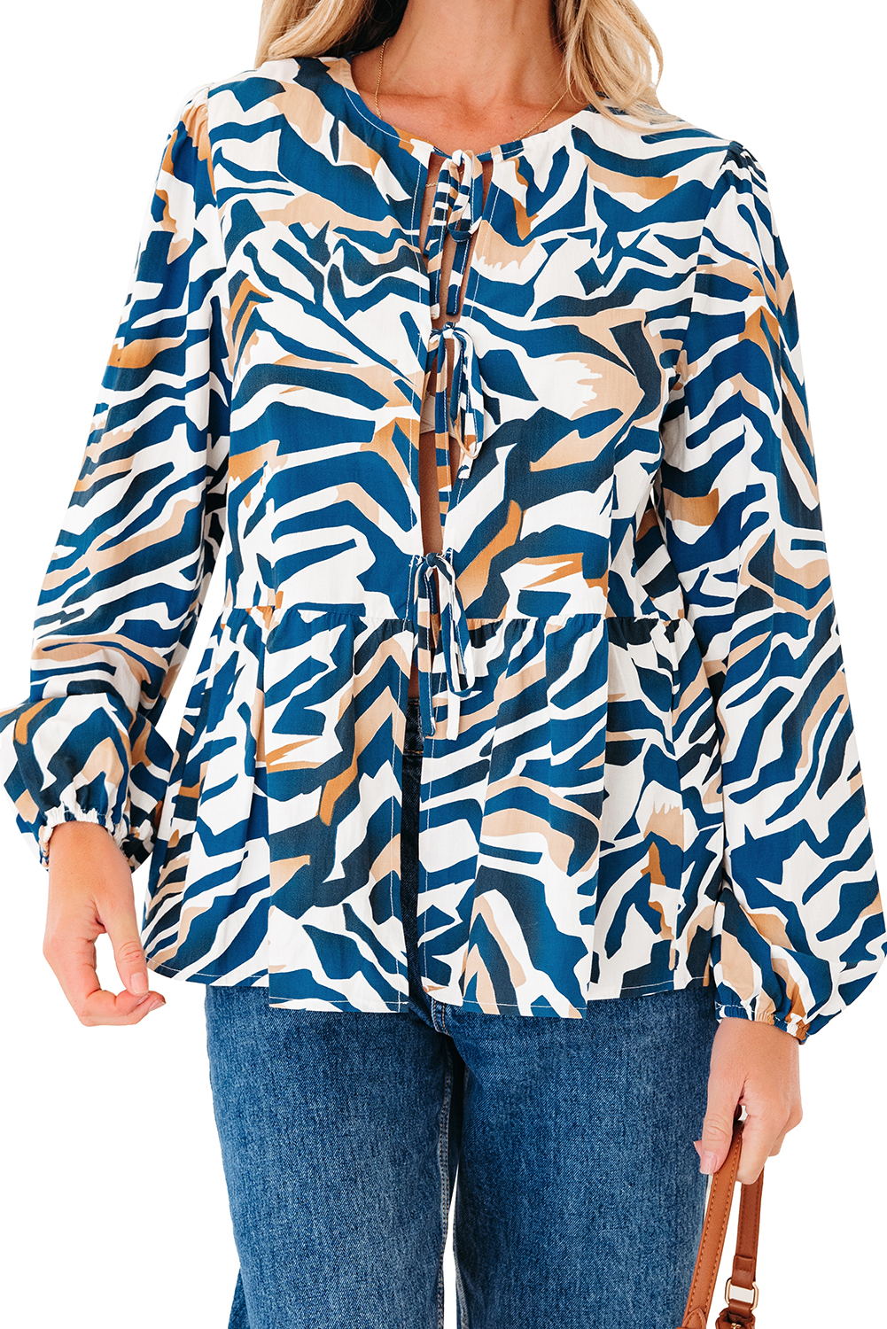 Blue Zebra Print Tied Front Puff Sleeve Top - loveforevers