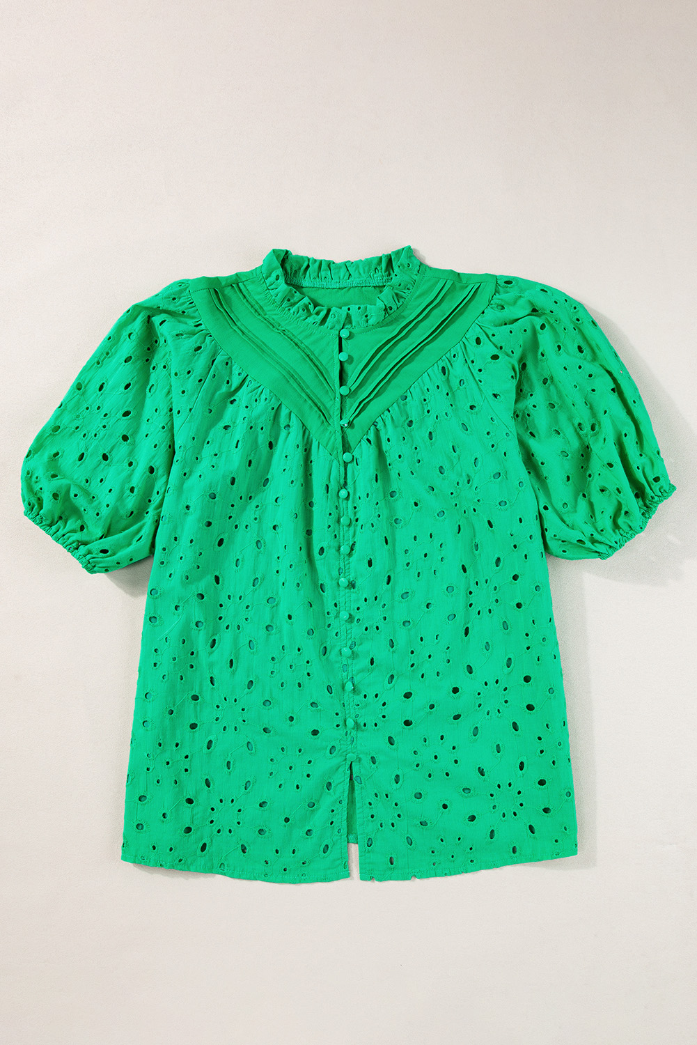 Green Flower Embroidered Hollow-out Puff Sleeve Blouse - loveforevers