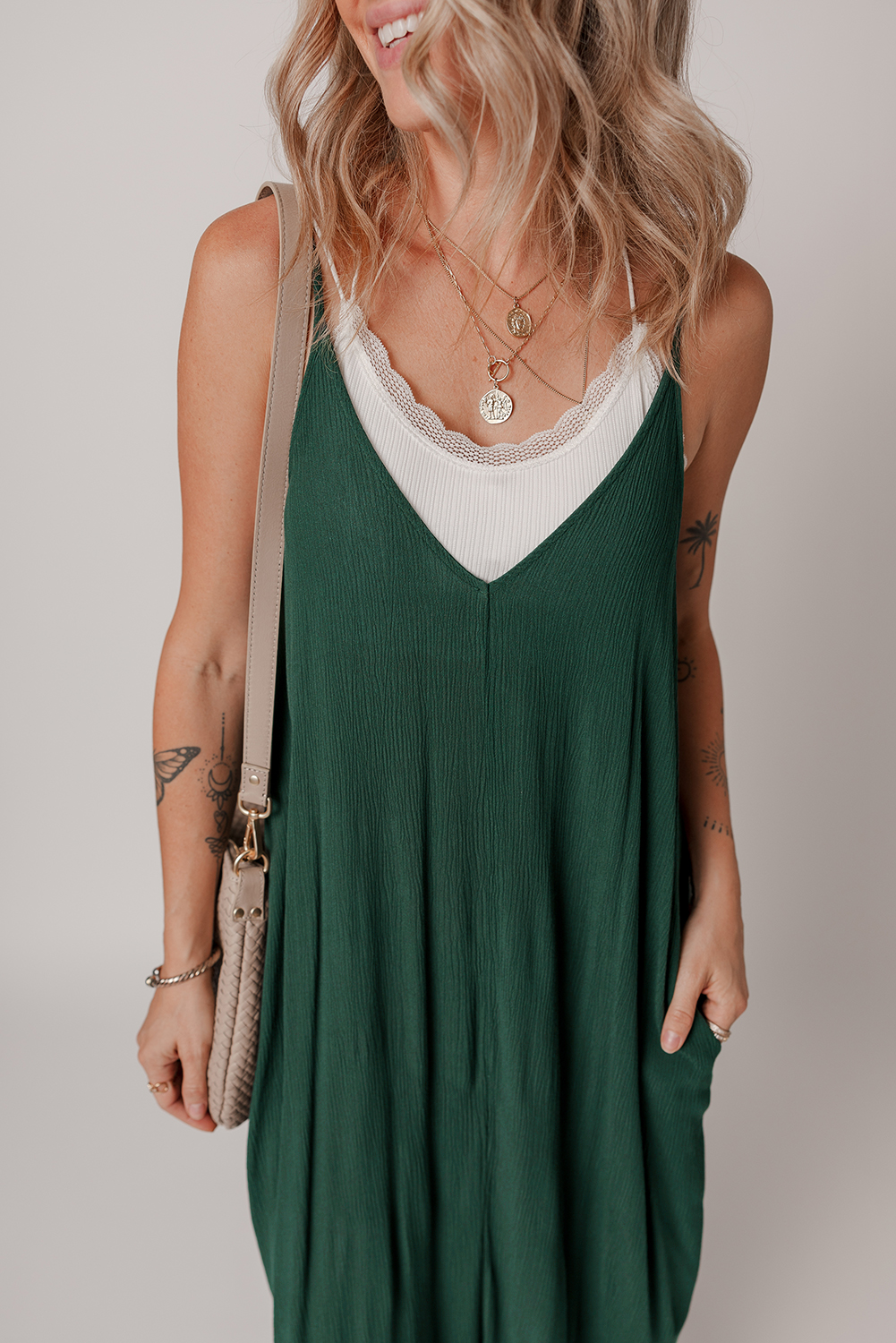 Duffel Green Spaghetti Straps Pocketed Slouchy Maxi Dress - loveforevers