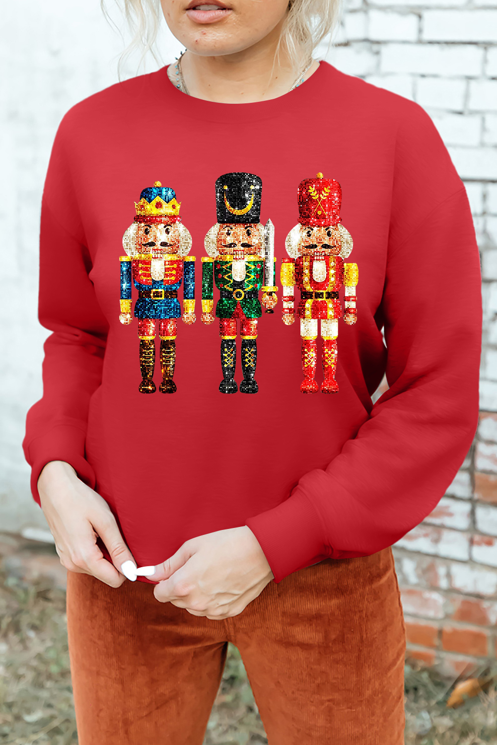 Red Christmas Metallic Nutcracker Graphic Crew Neck Sweatshirt - loveforevers