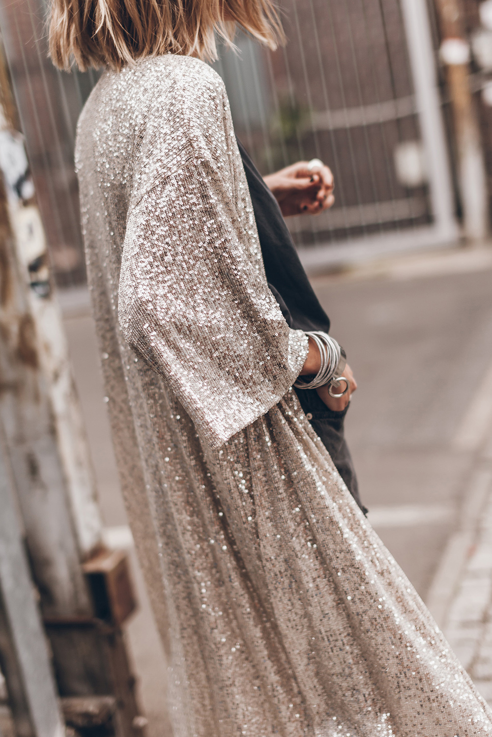 Apricot Sequin 3/4 Sleeve Open Front Duster Kimono - loveforevers