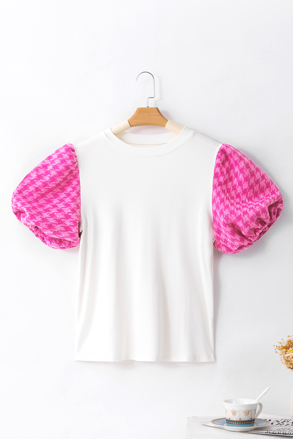 White Contrast Tweed Puff Sleeve Top - loveforevers