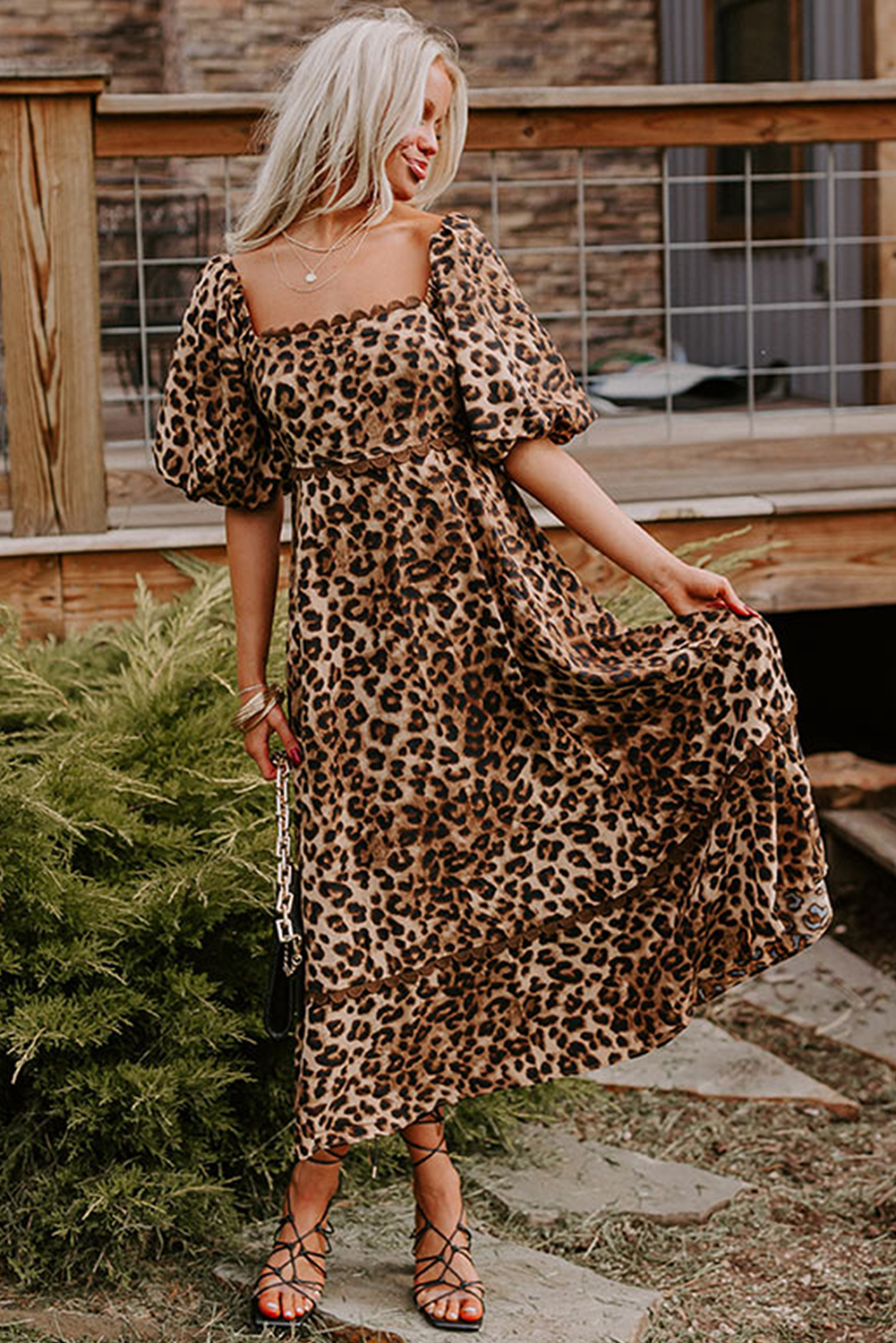 Brown Leopard Print Bubble Sleeve Square Neck Maxi Dress - loveforevers