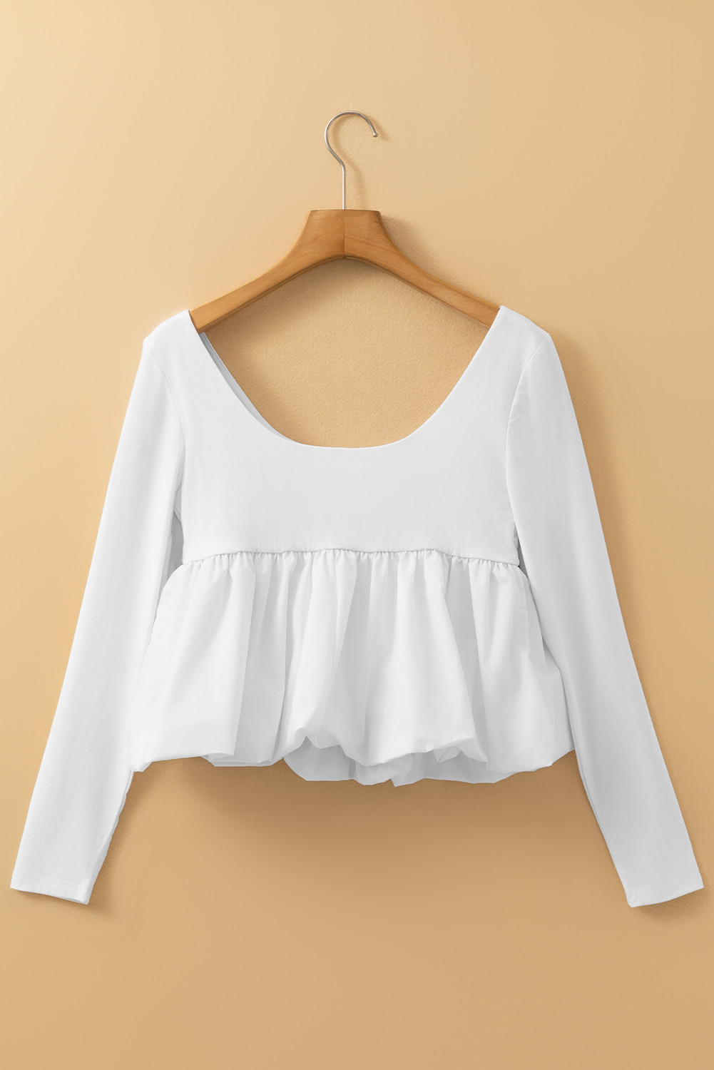 White U Neck Long Sleeve Bubble Hem Top - loveforevers