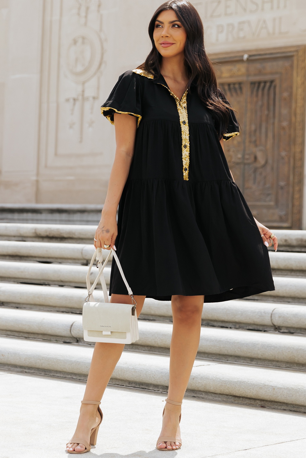 Black Sequin Trim Bubble Sleeve Game Day Shirt Dress - loveforevers