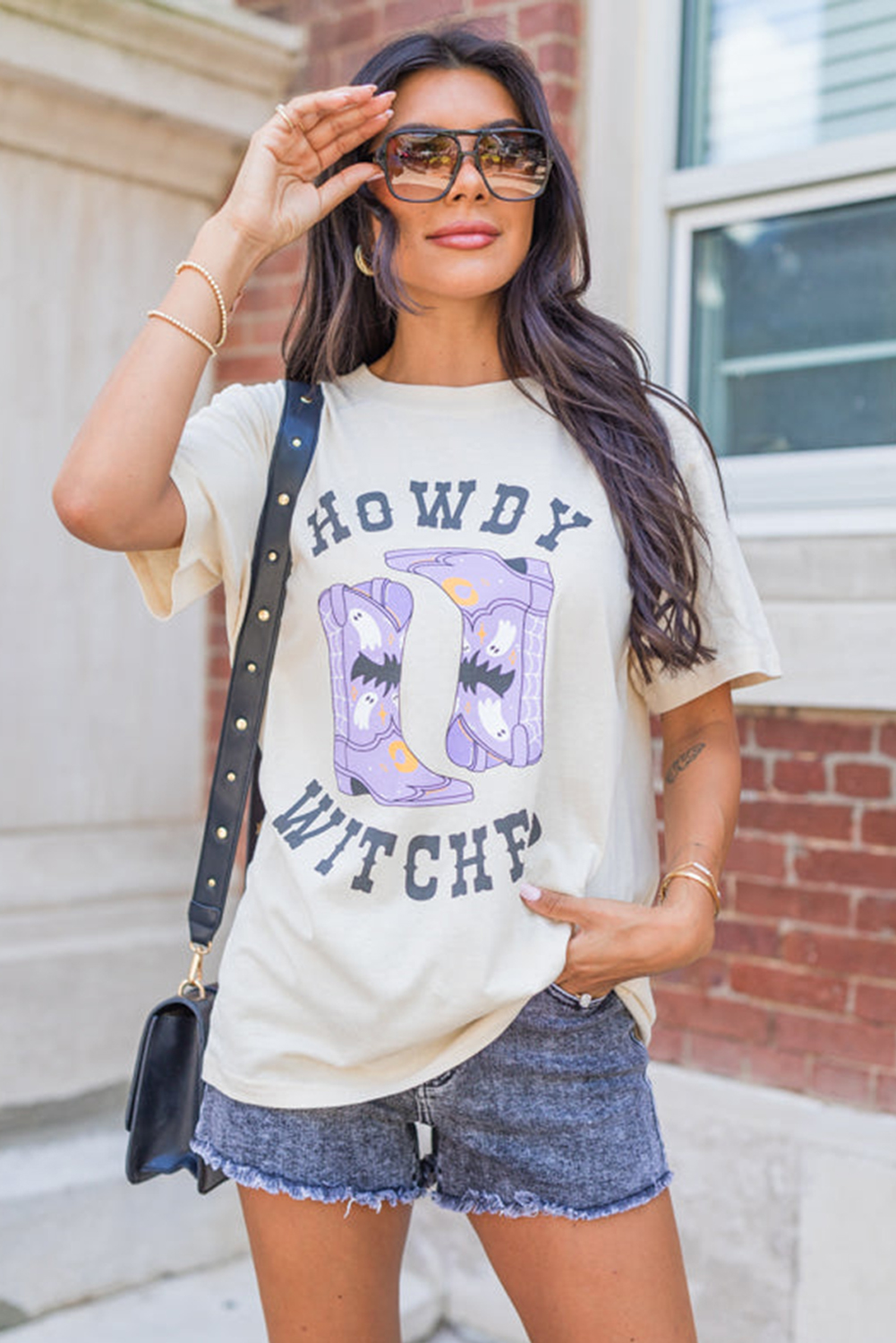 White HOWDY WITCHES Halloween Boots Crewneck T Shirt - loveforevers