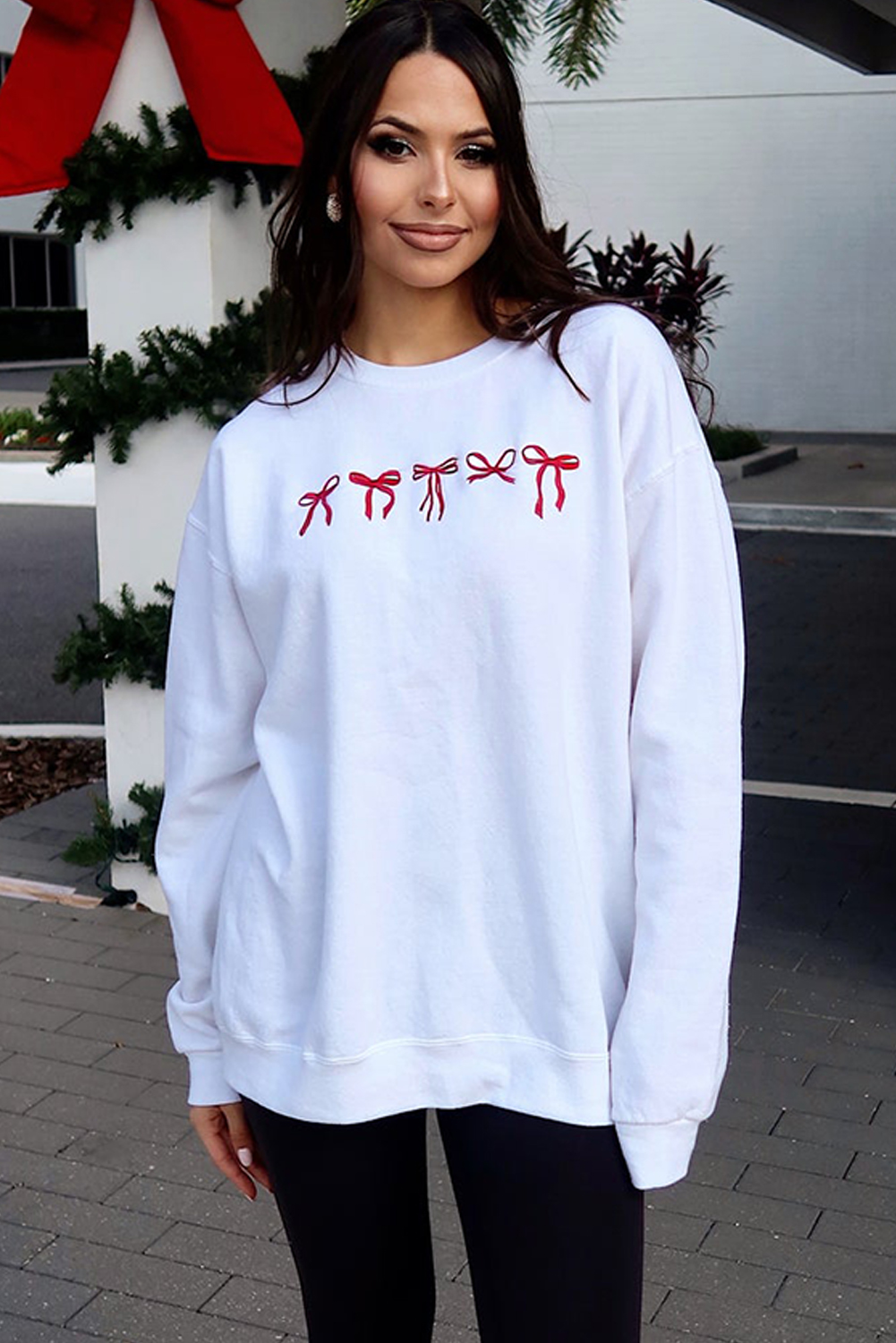 White Diverse Bow Embroidery Drop Shoulder Sweatshirt - loveforevers